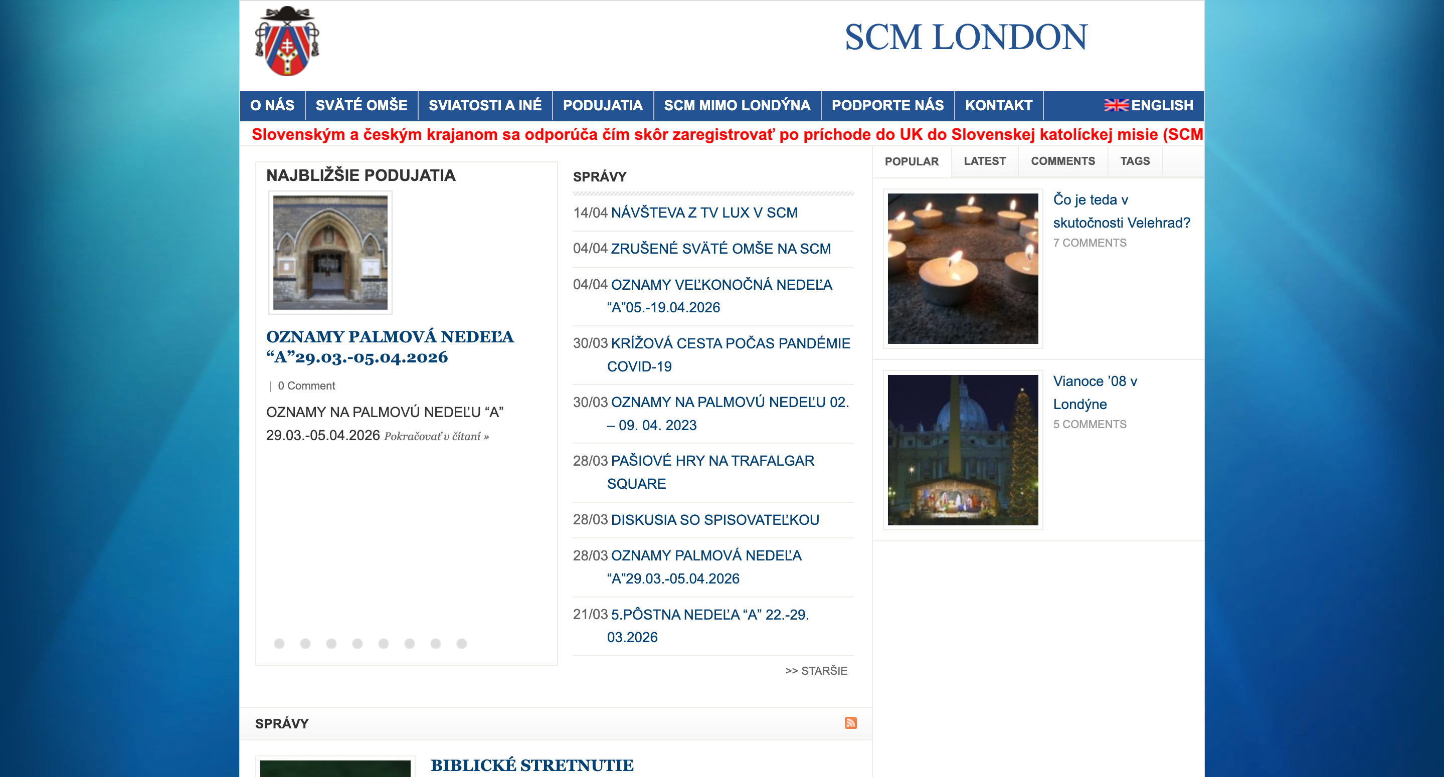 The same website before the rebuild: a cluttered blue layout with a scrolling red notice and three competing sidebars.