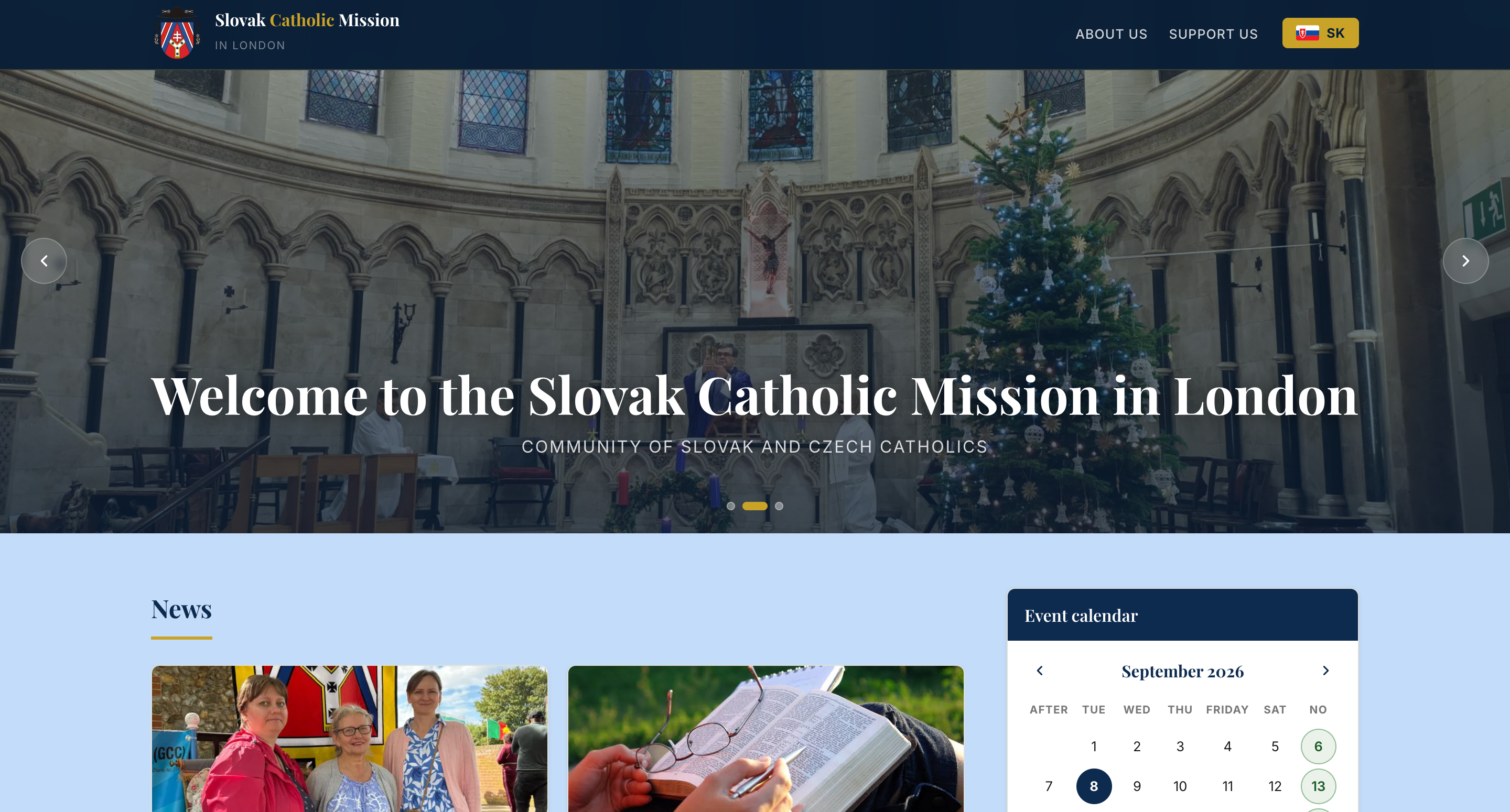 The Slovak Catholic Mission website after the rebuild: a clear layout with a photograph of the church, parish news and an events calendar.